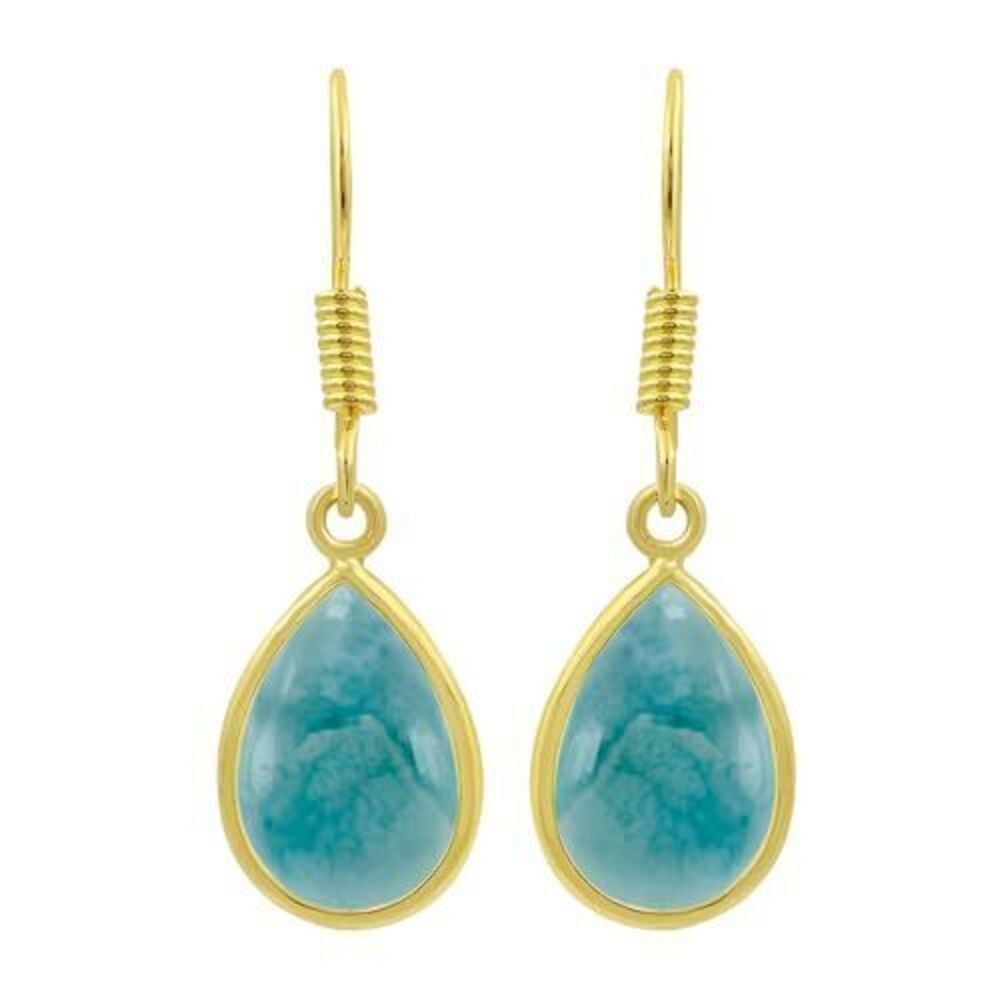 8282 Natural Larimar 14K Yellow Gold Plated Dangle Earrings - Teardrop